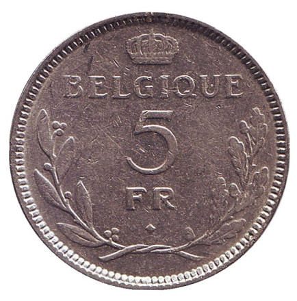 Монета 5 франков. 1937 год, Бельгия. Леопольд III.