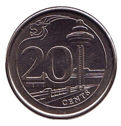Монета 20 центов. 2016 год, Сингапур. Аэропорт Чанги.