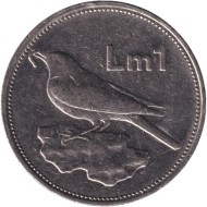 Монета 1 лира. 1992 год, Мальта. Птица мерилл. Монета 1 лира. 1992 год, Мальта. Птица мерилл.
