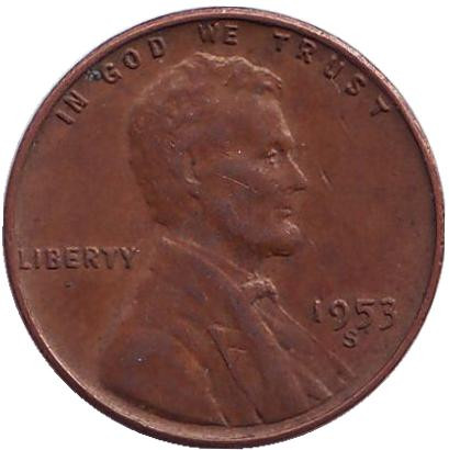 Монета 1 цент. 1953 год (S), США. Брак. Раскол. Линкольн.