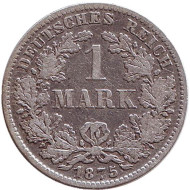 Монета 1 марка. 1875 год (D), Германская империя. Монета 1 марка. 1875 год (D), Германская империя.