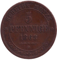 Монета 5 пфеннигов. 1863 год, Германия. Саксония. Монета 5 пфеннигов. 1863 год, Германия. Саксония.