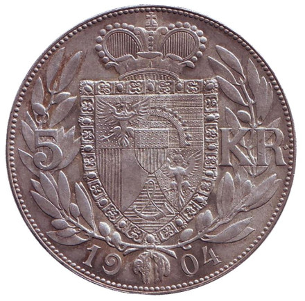 Монета 5 крон. 1904 год, Лихтенштейн. Иоганн II.
