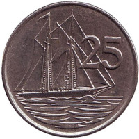 Парусник. Монета 25 центов. 1990 год, Каймановы острова. 