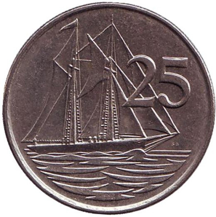 Монета 25 центов. 1990 год, Каймановы острова. Парусник.