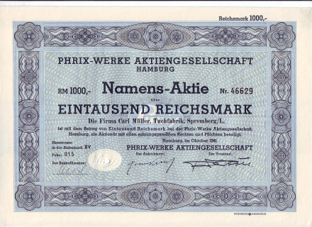 Акционерное общество "Phrix-Werke". Акция 1000 рейхсмарок. Гамбург, 1941 год, Третий рейх.