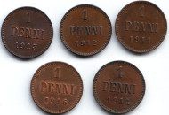 Сет монет 1, 5, 25, 50 пенни (12 шт.) 1911-1917 гг., Великое княжество Финляндское. Сет монет 1, 5, 25, 50 пенни (12 шт.) 1911-1917 гг., Великое княжество Финляндское.