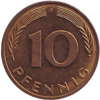 Дубовые листья. Монета 10 пфеннигов. 1982 год (F), ФРГ.