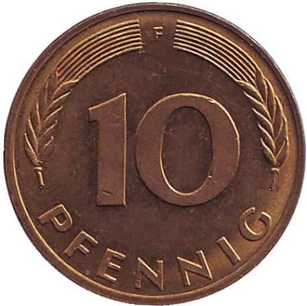 Монета 10 пфеннигов. 1982 год (F), ФРГ. Дубовые листья.