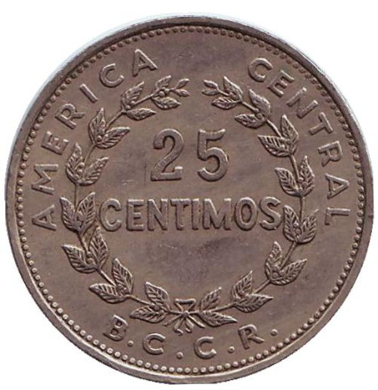 Монета 25 сантимов. 1967 год, Коста-Рика.