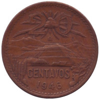 Пирамида Солнца. Монета 20 сентаво. 1946 год, Мексика. 