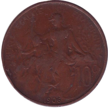 Монета 10 сантимов. 1906 год, Франция.