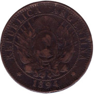 Монета 2 сентаво. 1894 год, Аргентина. Монета 2 сентаво. 1894 год, Аргентина.