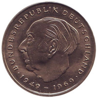 Теодор Хойс. Монета 2 марки. 1977 год (G), ФРГ. UNC.