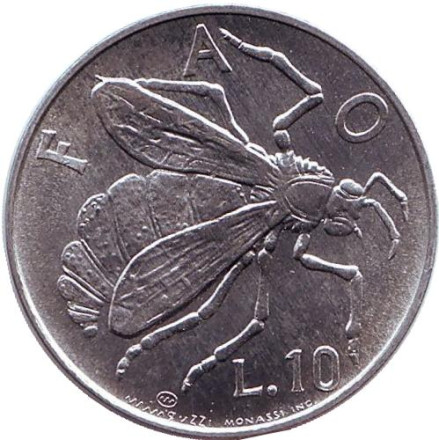 Монета 10 лир, 1974 год, Сан-Марино. Пчела, ФАО.