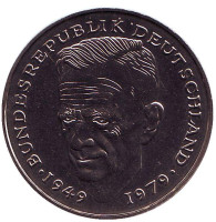 Курт Шумахер. Монета 2 марки. 1982 год (D), ФРГ. UNC.