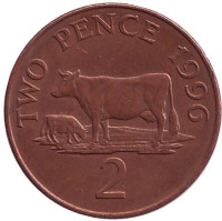 Корова. Монета 2 пенса. 1996 год, Гернси.