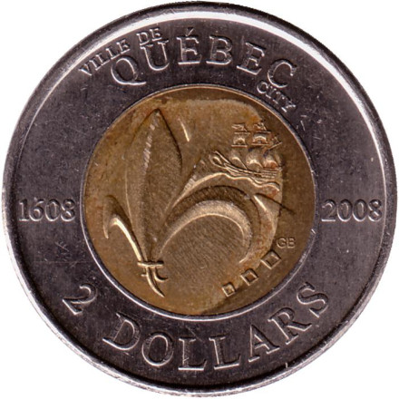 Монета 2 доллара. 2008 год, Канада. 400 лет с момента основания Квебека. Из обращения.