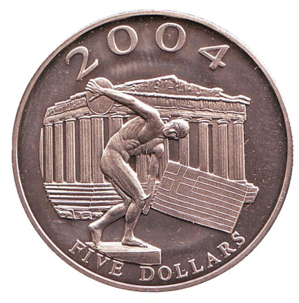 Монета 5 долларов. 2003 год, Либерия. XXVIII летние Олимпийские игры 2004 года в Афинах.