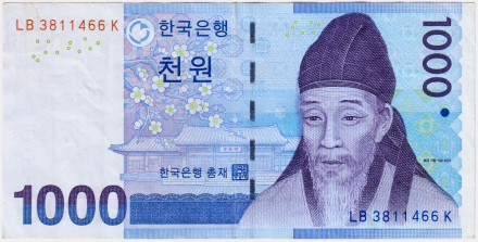 Банкнота 1000 вон. 2007 год, Южная Корея. Ли Хван.