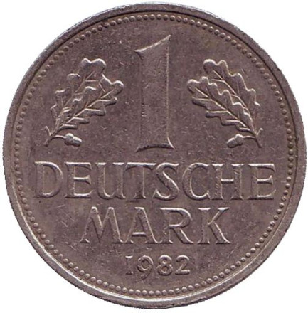 Монета 1 марка. 1982 год (G), ФРГ. Из обращения.