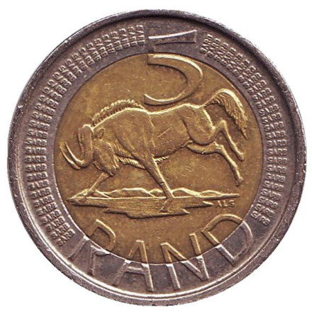 Монета 5 рандов. 2010 год, ЮАР. Антилопа гну.