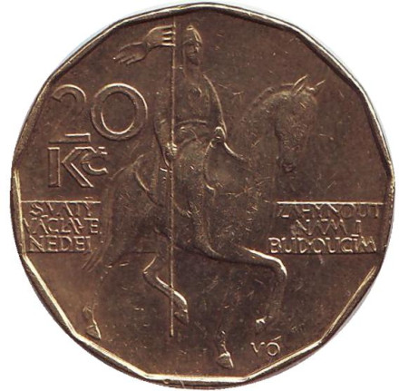 Монета 20 крон. 1993 год, Чехия. Всадник (Святой Вацлав).