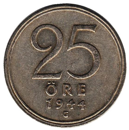 Монета 25 эре. 1944 год, Швеция.