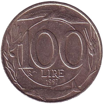 Монета 100 лир. 1997 год, Италия.