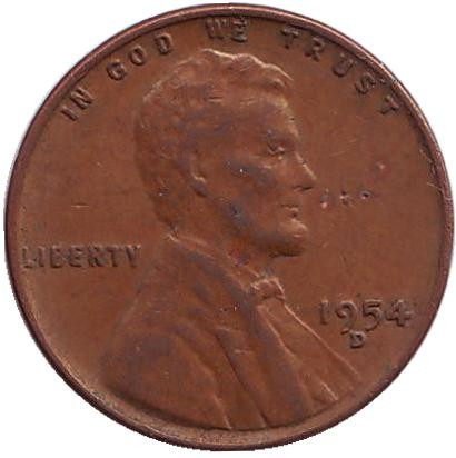 Монета 1 цент. 1954 год (D), США. Линкольн.