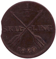 Монета 1/2 скиллинга. 1820 год, Швеция. Монета 1/2 скиллинга. 1820 год, Швеция.