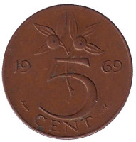 5 центов. 1969 год, Нидерланды. (рыбка)