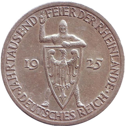 Монета 3 рейхсмарки. 1925 год (A), Веймарская республика. Тысячелетие Рейнской области (Рейнланда).
