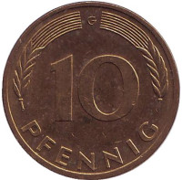 Дубовые листья. Монета 10 пфеннигов. 1983 год (G), ФРГ.