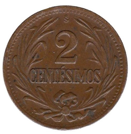 Монета 2 сентесимо. 1945 год, Уругвай.