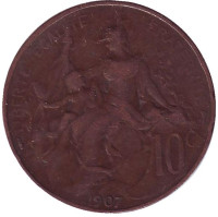 Монета 10 сантимов. 1907 год, Франция.