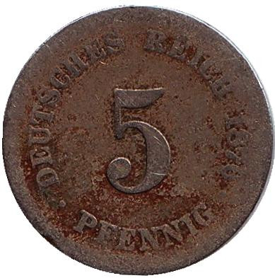Монета 5 пфеннигов. 1876 год (J), Германская империя.