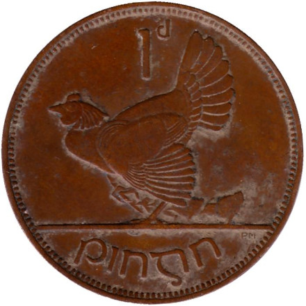 Монета 1 пенни. 1937 год, Ирландия. Птица. Ирландская арфа.