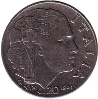 Виктор Эммануил III. Монета 20 чентезимо. 1941 год, Италия.