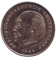 Конрад Аденауэр. Монета 2 марки. 1977 год (G), ФРГ. UNC.