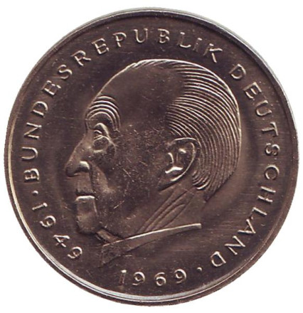 Монета 2 марки. 1977 год (G), ФРГ. UNC. Конрад Аденауэр.