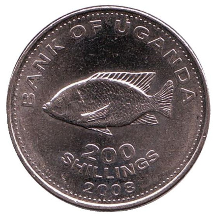 Монета 200 шиллингов. 2008 год, Уганда. (магнитные). XF. Рыба семейства "Цихлиды".