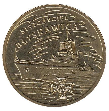 Монета 2 злотых, 2012 год, Польша. «Блискавица», эсминец типа «Гром».