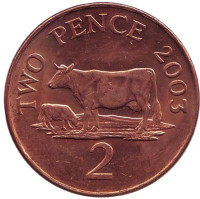 Корова. Монета 2 пенса. 2003 год, Гернси.