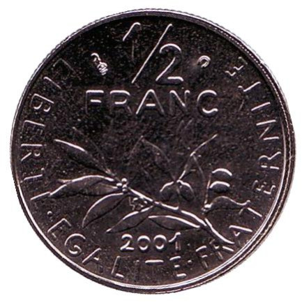 Монета 1/2 франка. 2001 год, Франция. BU.