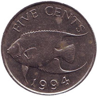 Тропическая рыба (Ангел-королева). Монета 5 центов. 1994 год, Бермудские острова.