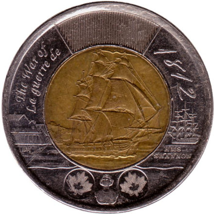 Монета 2 доллара. 2012 год, Канада. Фрегат Шэннон. Из обращения.