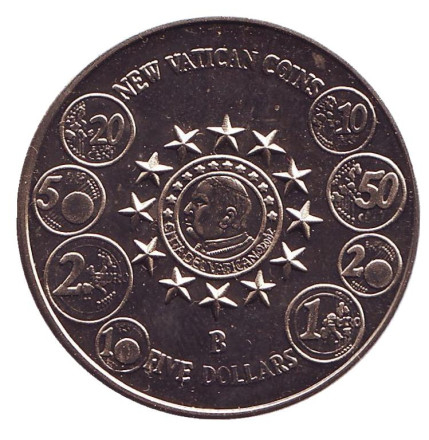 Монета 5 долларов. 2004 год, Либерия. (Буква "B" на реверсе) Новые монеты Ватикана.