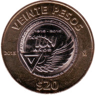 Монета 20 песо. 2015 год, Мексика. 100 лет ВВС Мексики. Монета 20 песо. 2015 год, Мексика. 100 лет ВВС Мексики.