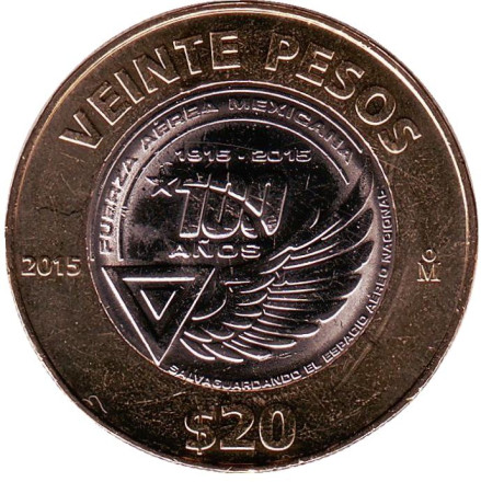 Монета 20 песо. 2015 год, Мексика. 100 лет ВВС Мексики.